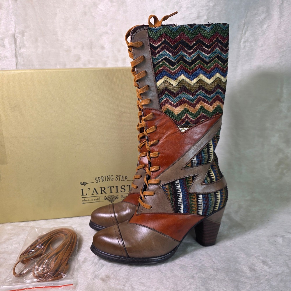 Spring Step L'Artiste Tall Boots Brown ART TO WEAR Boho Heels Women 36 5 5.5 NIB
